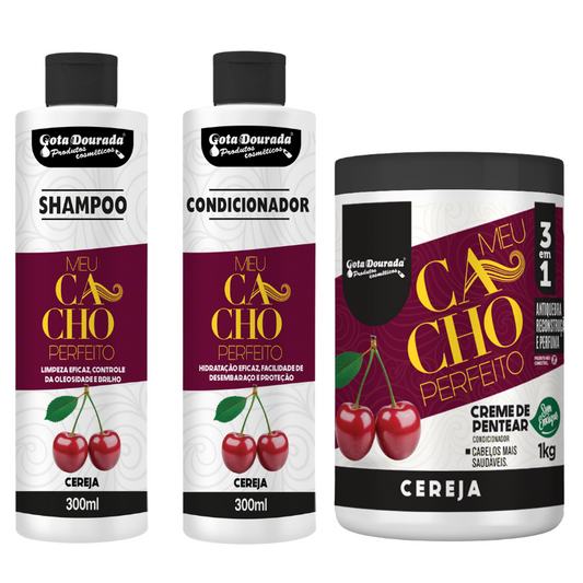 Kit Meu Cacho Perfeito Cereja Gota Dourada Shampoo + Condicionador 300ml +Creme de Pentear 1kg