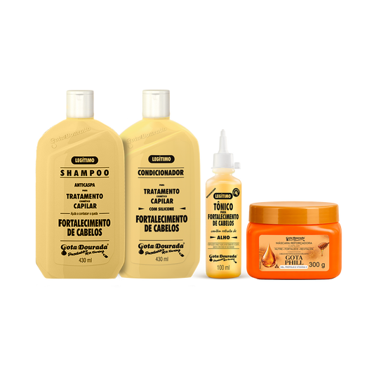 Kit Fortalecimento Capilar Gota Dourada – Shampoo + Condicionador + Tônico Antiqueda e Mascara Gota Phill
