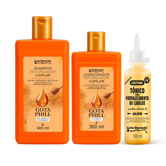 Kit Fortalecimento Capilar Gota Dourada Gota Phill com Shampoo, Condicionador e Tônico Tradicional