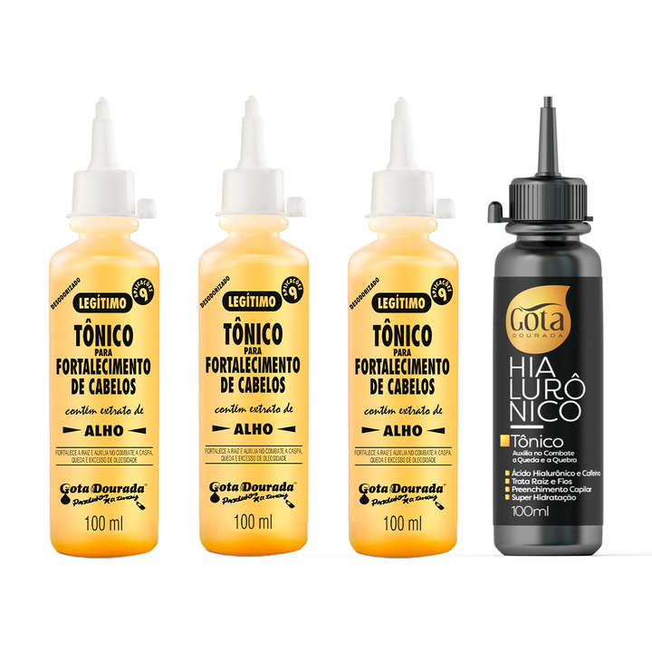 Kit 3 Tônicos Fortalecimento Tradicional + 1 Tônico Hialurônico Gota Dourada 100ml