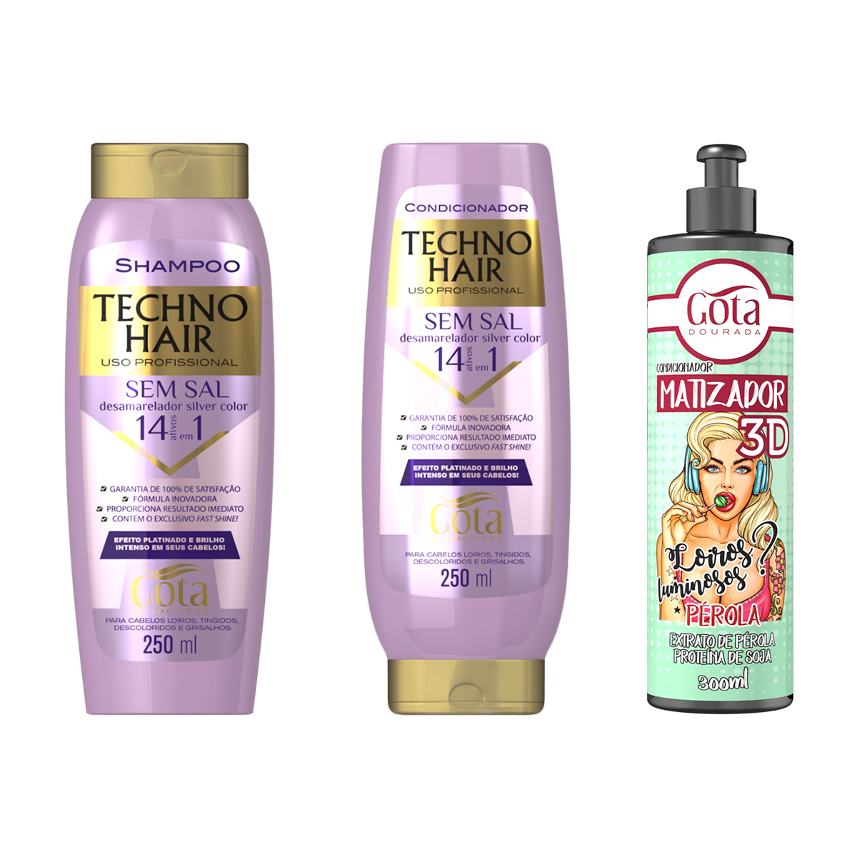 Kit Techno Hair 14x1 Desamarelador e Matizador Pérola 300 ml Gota Dourada