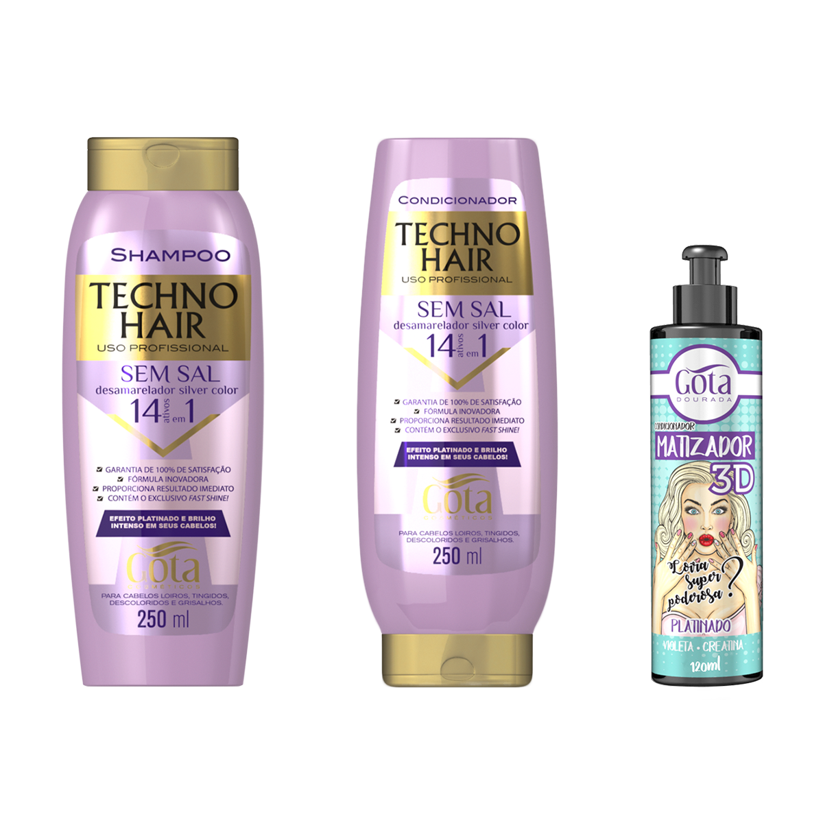 Kit Techno Hair 14x1 Matizador Platinado 120ml Gota Dourada – Hidratação e Brilho Intenso