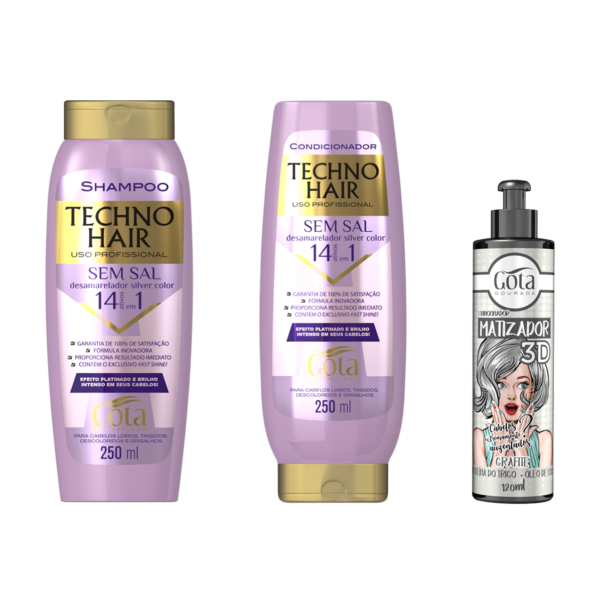 Kit Matizador Techno Hair 14x1 + Condicionador Grafite 120ml Gota Dourada