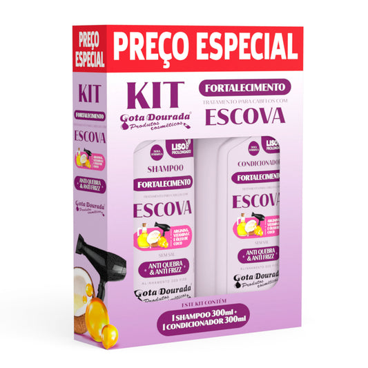 Kit Fortalecimento Escova Gota Dourada Shampoo 300ml + Condicionador 300ml