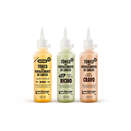 Kit Três Não É Demais Gota Dourada – Tônico Tradicional, Tônico de Rícino e Tônico de Cravo 100ml