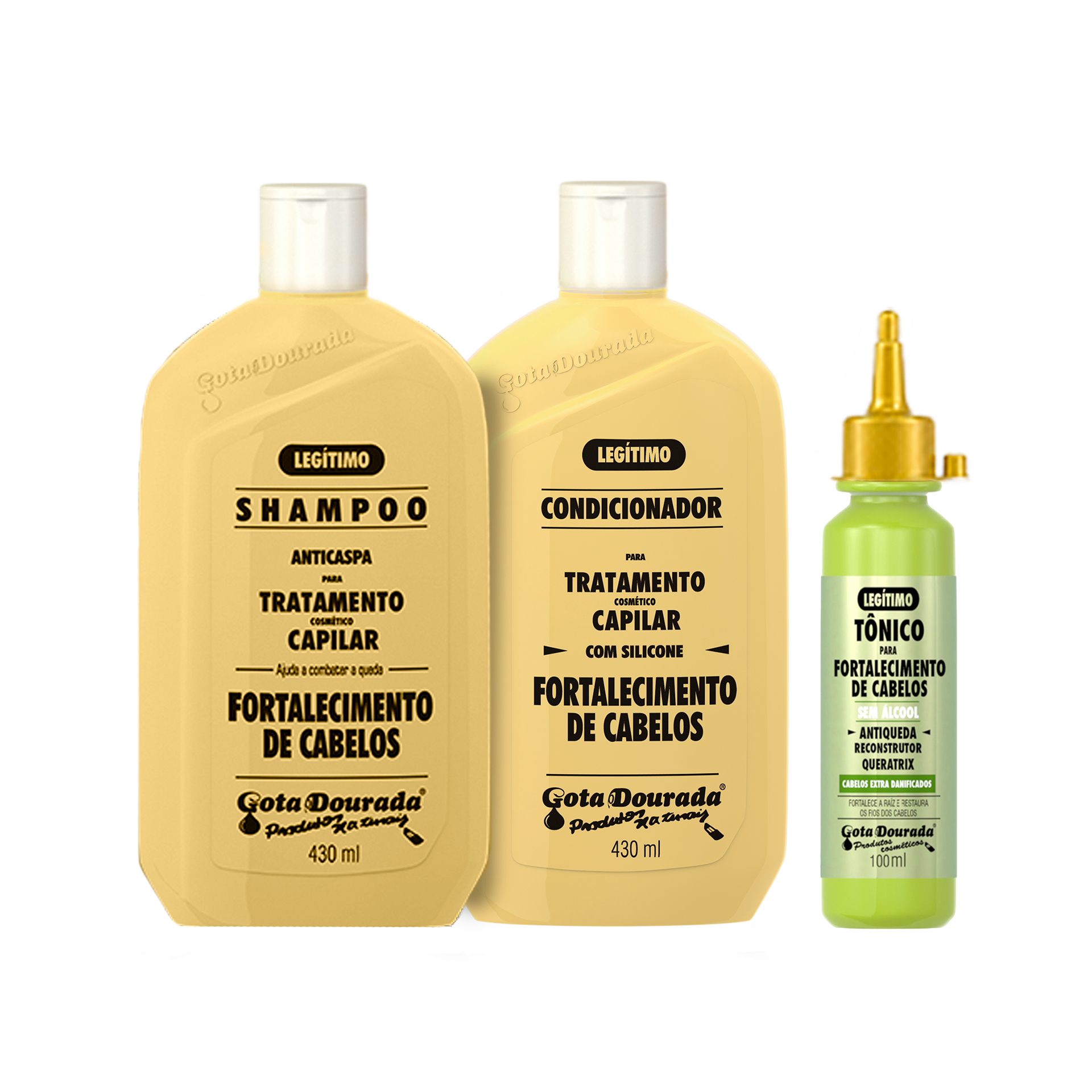 Kit Fortalecimento Capilar Gota Dourada – Shampoo + Condicionador + Tônico Antiqueda