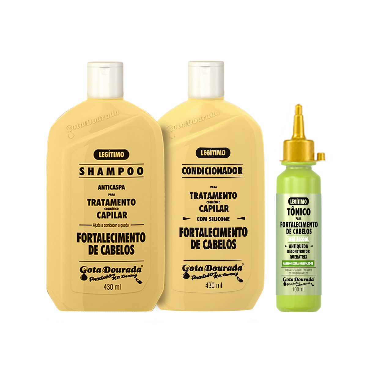 Kit Fortalecimento Capilar Gota Dourada – Shampoo + Condicionador + Tônico Antiqueda