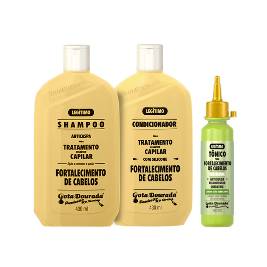Kit Fortalecimento Capilar Gota Dourada – Shampoo + Condicionador + Tônico Antiqueda