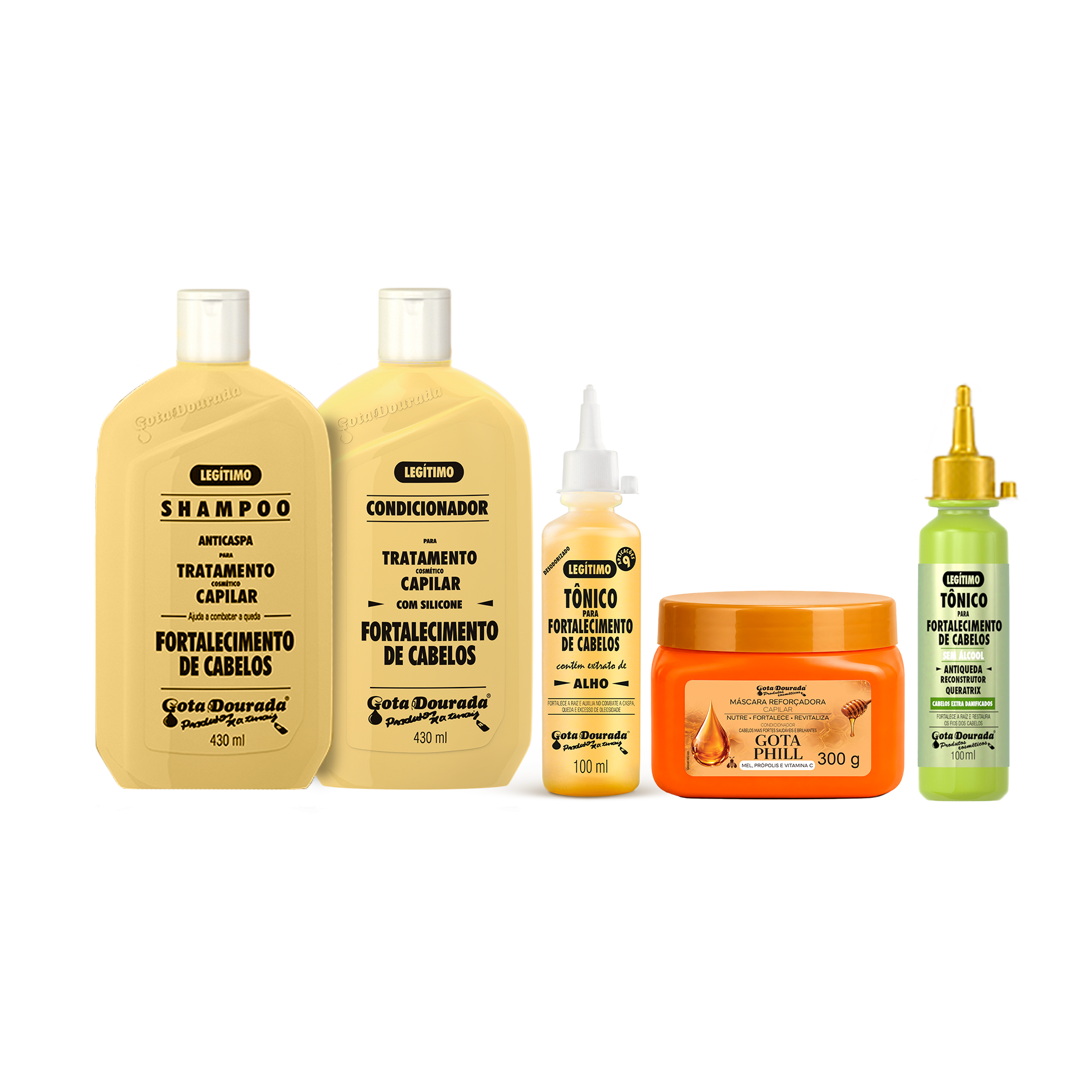 Kit Fortalecimento Capilar Gota Dourada – Shampoo + Condicionador + 2 Tonico + Mascara Gota Phill