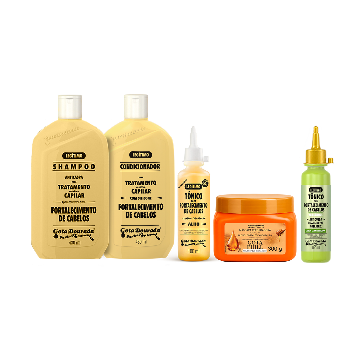 Kit Fortalecimento Capilar Gota Dourada – Shampoo + Condicionador + 2 Tonico + Mascara Gota Phill