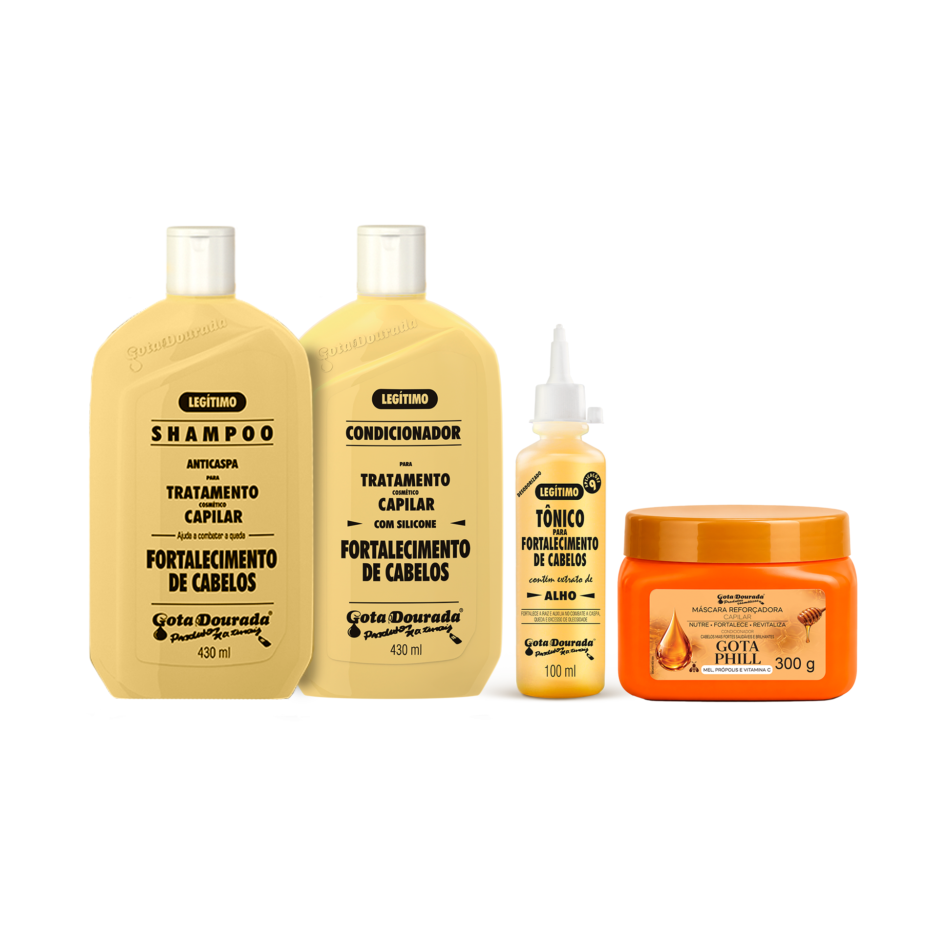 Kit Fortalecimento Capilar Gota Dourada – Shampoo + Condicionador + Tônico Antiqueda e Mascara Gota Phill