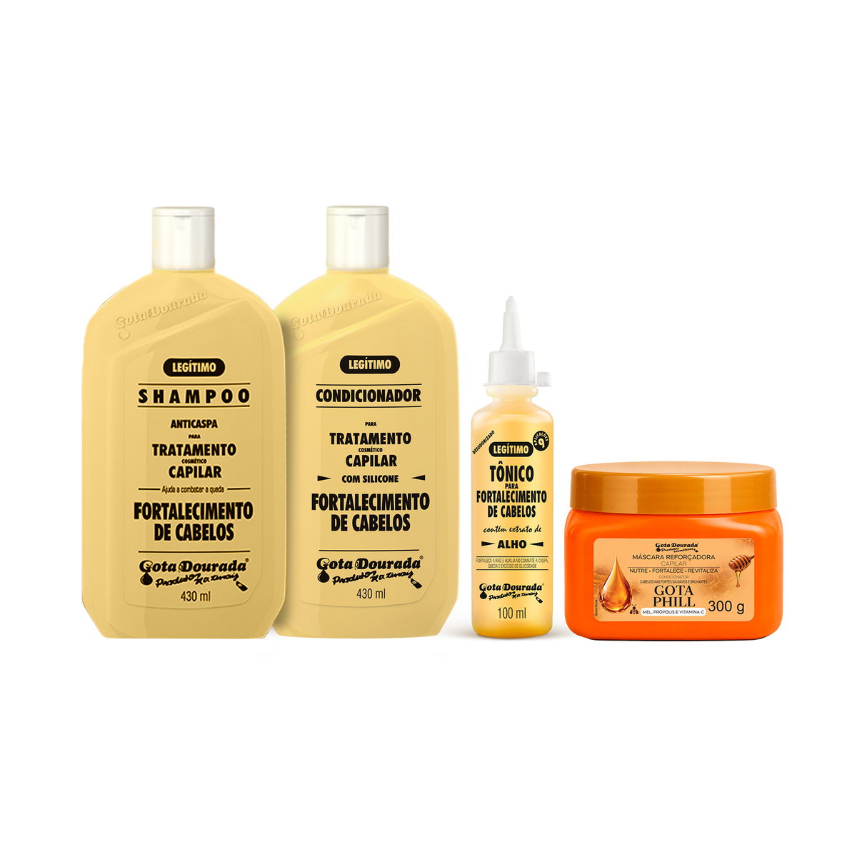 Kit Fortalecimento Capilar Gota Dourada – Shampoo + Condicionador + Tônico Antiqueda e Mascara Gota Phill