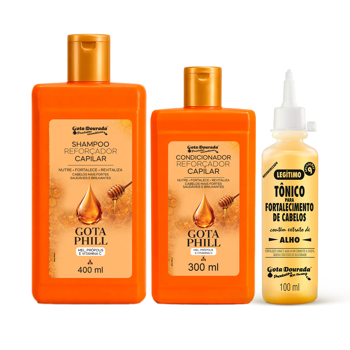 Kit Fortalecimento Capilar Gota Dourada Gota Phill com Shampoo, Condicionador e Tônico Tradicional